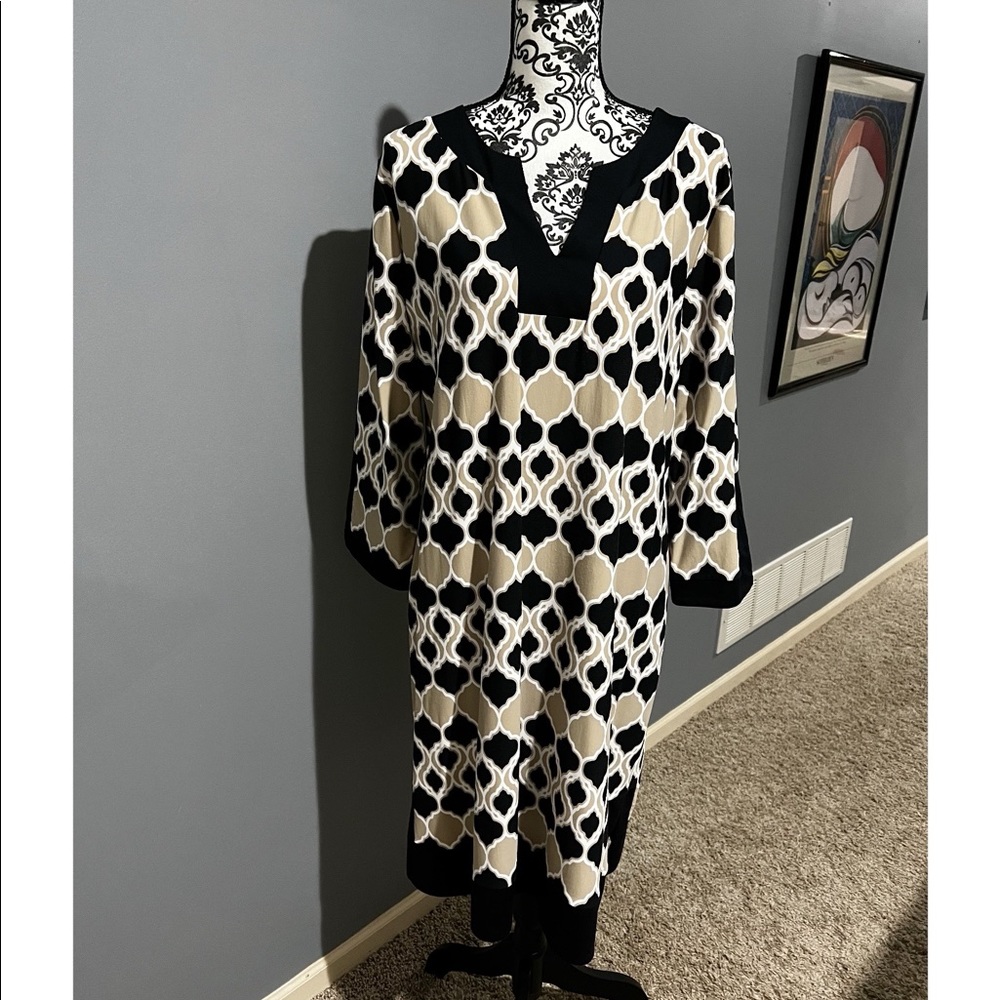 Charter Club White, tan, black patter dress